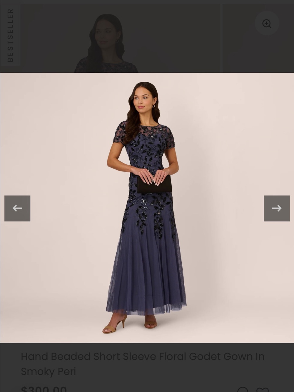 Hand Beaded Short Sleeve Floral Godet Gown In Smoky Peri